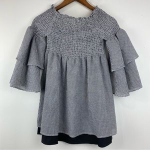 Lost In Lunar Medium Women’s Black White Gingham Smock Off Shoulder Blouse
